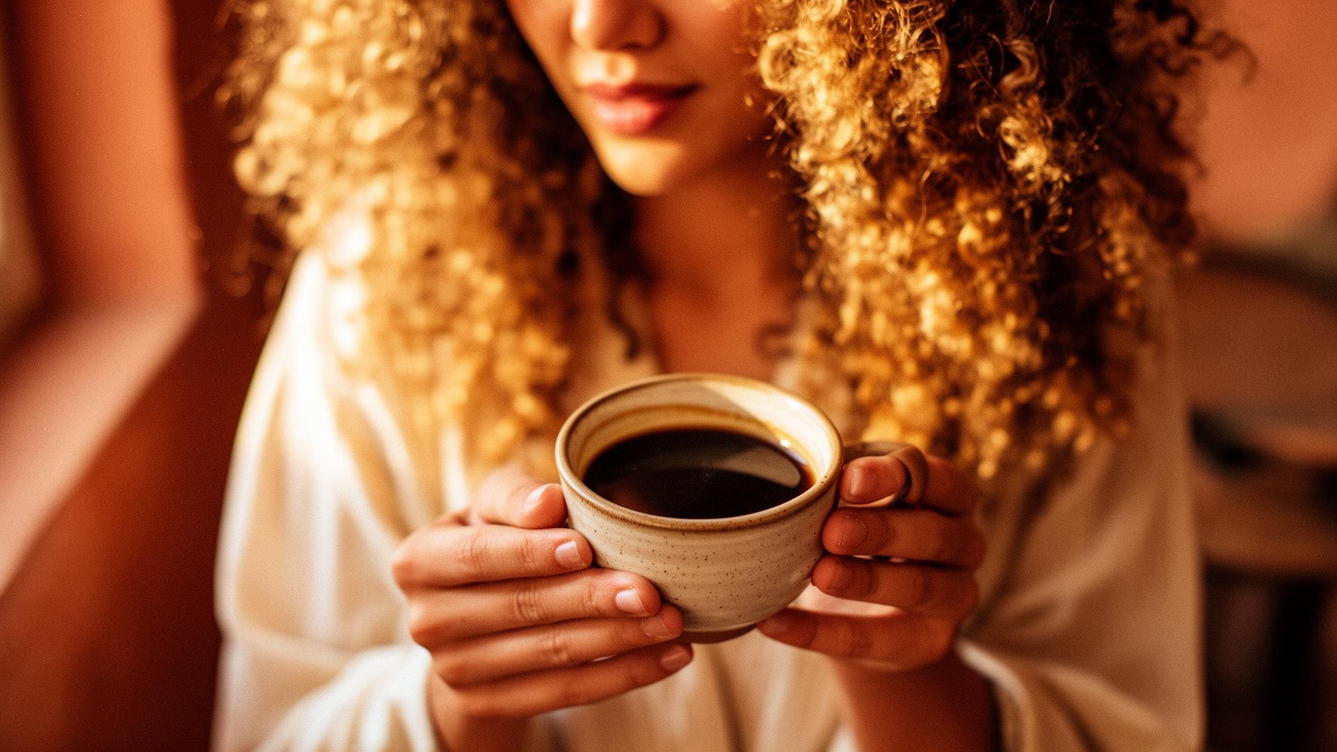 Hands cradling a small ceramic cup of coffee, soft-focus curls in golden morning light